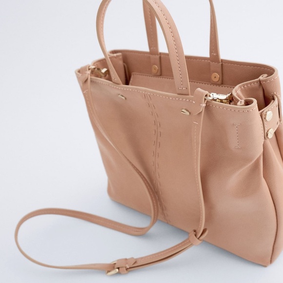 Nude Midi Bag with Top-Stitching - Picture 1 of 5